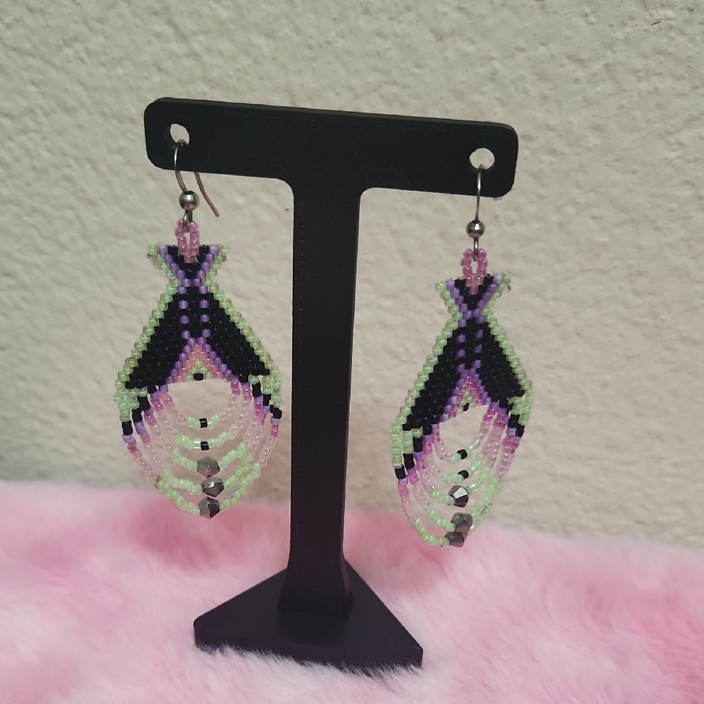 Native American Beaded Earrings Black, Green, Purple, Pink - Picture 8 of 10